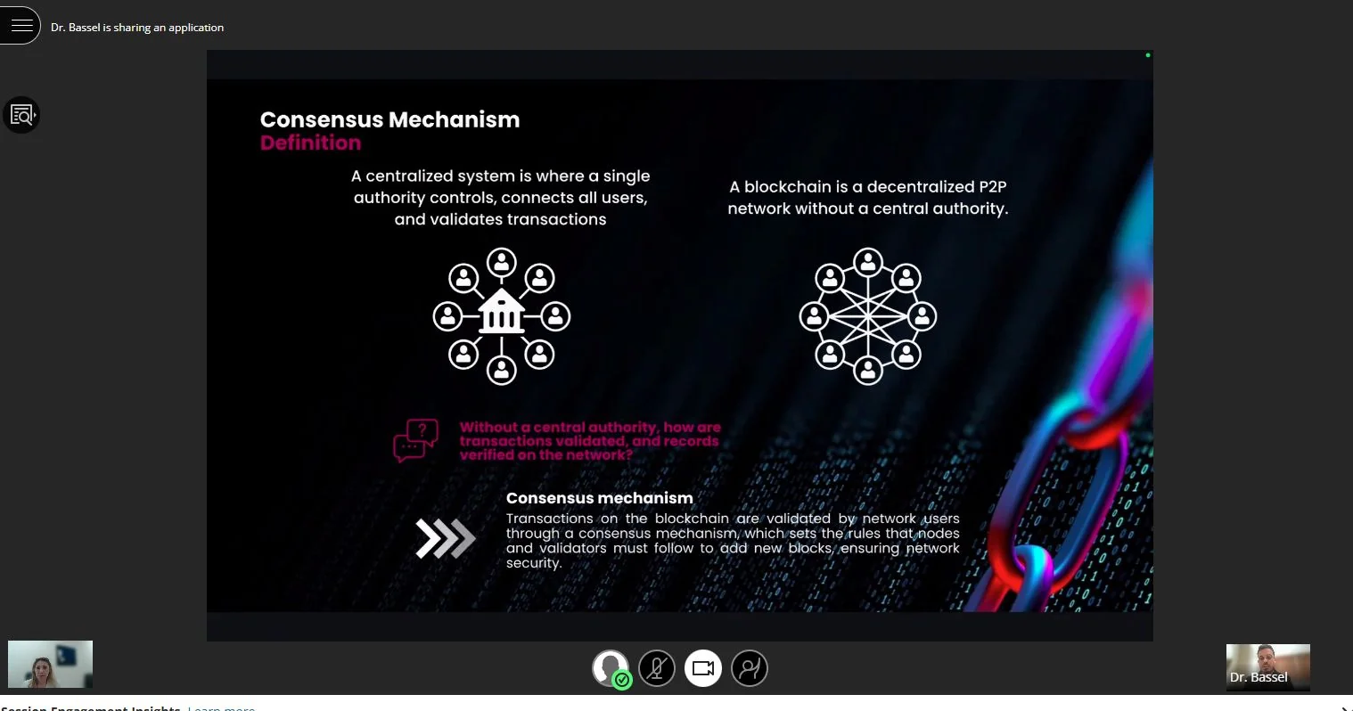 Bassel Assaad presenting a Consensus Mechanism slide during an online guest lecture for the MIS course at the School of Business, American University in Dubai, 8 June 2026